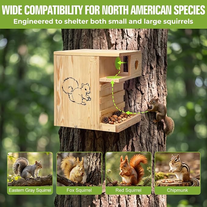 Extra Large Wooden Squirrel House Feeder Outdoor Heavy Duty Nesting Box | Solid pine 16lbs wildlife shelter with internal feeding platform. Flips open; features a predator guard & ladders.