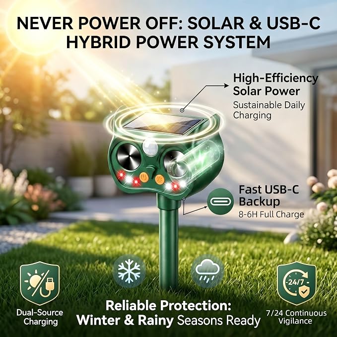 2Pack Upgraded Deer Repellent Devices Solar Ultrasonic Animal Repellent Outdoor with Motion Sensor Strobe Light for Squirrel Raccoon Rabbit Cat Bird Volume Control Keep Pests Out of Yard Farm