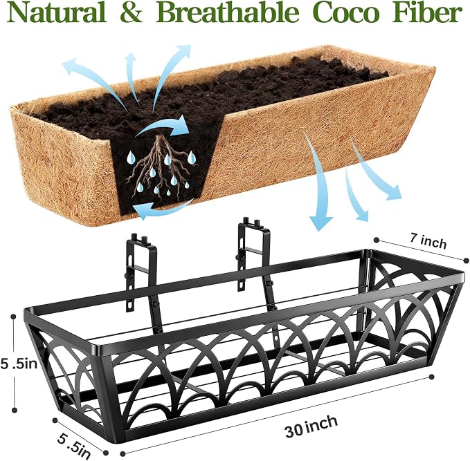 30 Inch Railing Planter Box Window Boxes Planters - 2 Pack Deck Railing Planter Boxes with Adjustable Brackets Coco Liners Balcony Planters Railing Hanging for Window Flower Boxes Outdoor Garden Decor