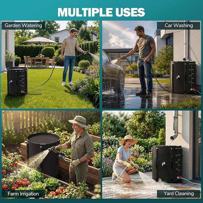 SKM Collapsible Rain Barrel, 53 Gallon Portable Rain Water Collection System to Collect Rainwater from Gutter, Foldable Water Storage Tank with Spigot for Garden, Lawn & Outdoor Plant Watering, Black