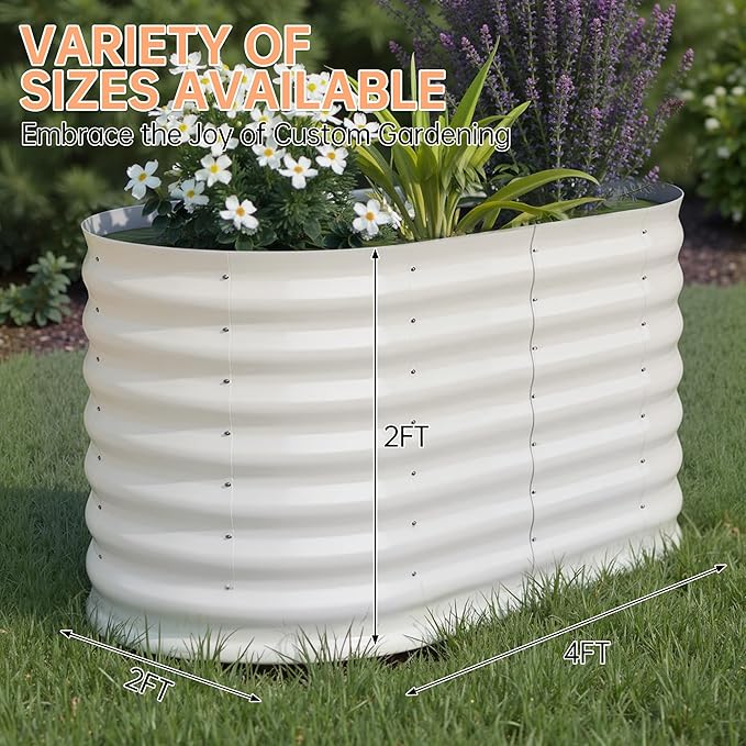 IDEALHOUSE 4x2x2 Ft Galvanized Metal Raised Garden Bed, 24-Inch Tall Outdoor Planter Box for Vegetables, Flowers & Herbs, Rust-Resistant Garden Beds for Backyard, Patio or Balcony, Beige