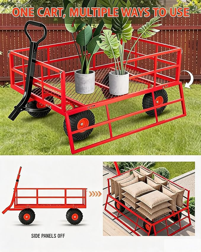 Garvee Steel Garden Cart, 1200 LBS Capacity Utility Outdoor Wagon, Heavy Duty Mesh Garden Wagon with Removable Sides, 2-in-1 Handle, 13" Tires for Yard, Lawn, Garden