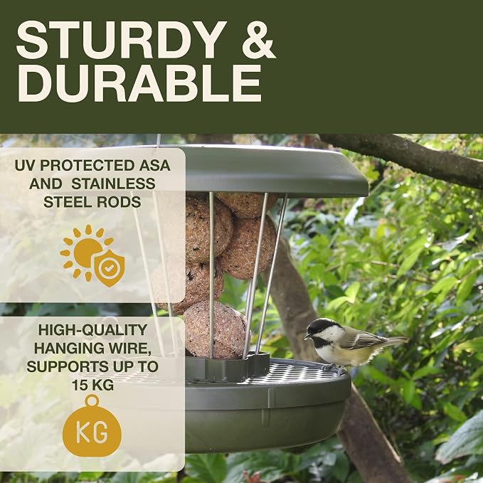 SWISSINNO Bird Feeders - No Mess Fat Ball/Suet Feeder for Outdoors Hanging - Smart Birds Lucerne Spill Proof Wild Cardinal Bird Feeder with Integrated Seed Catcher Tray - Green