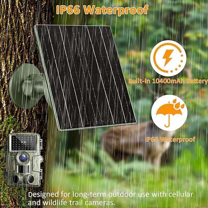 Zivif Solar Panel Charger for Trail & Hunting Cameras, 10W 3.7V 10400mAh Built-in Battery, 6V/12V Adjustable Output, Universal Adapter Cables (DC5521, DC4.0x1.7mm, DC3.5x1.35mm, Type-C)