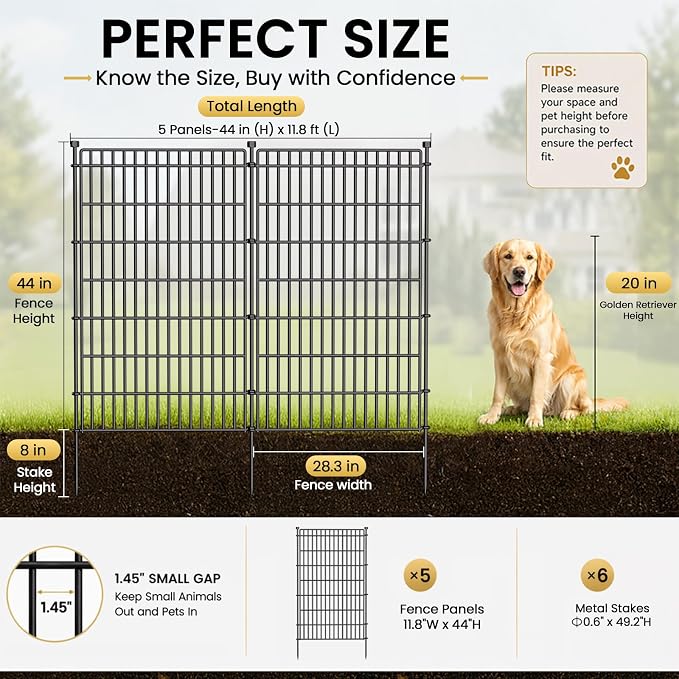 5 Panels No Dig Garden Fence Animal Barrier, 44in(H) × 11.8ft(L) Decorative Metal Outdoor Dog Fence, Rustproof Pet Fencing for Yard, Patio, Flower Bed -Temporary Fencing| Easy to Install