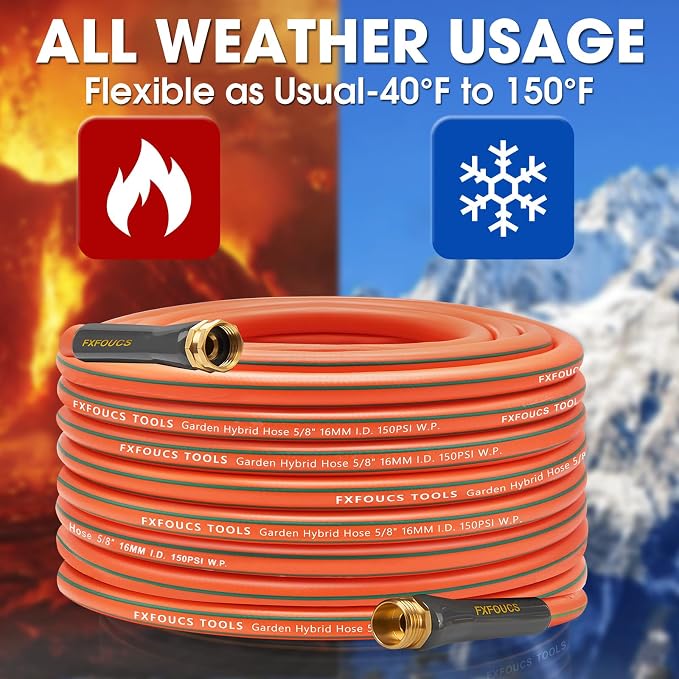 Heavy Duty Garden Hose – 5/8 Inch Flexible Lightweight Hybrid Hose with 600 PSI Burst Pressure, Swivel Handle,All-Weahter Water Hose, Durable Copper Male/Female Fittings (Orange, 75FT)