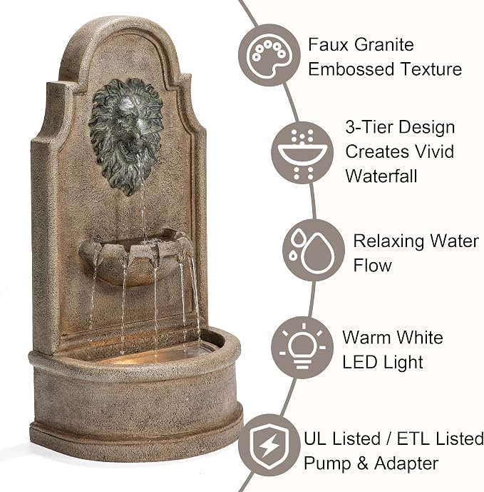 Glitzhome 3-Tier Outdoor Water Fountain with LED Light, Oversized Vintage European Style Lion Head Waterfall Fountains, Rustic Faux Granite Fountain for Garden Patio Deck Porch, 31.75”H