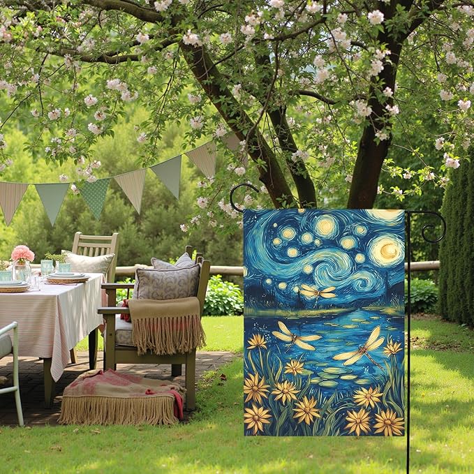 Spring Daisy Garden Flag Starry Night Style Floral Yard Flags with Dragonflies Summer Lake Landscape Artistic Impressionist Flower Banner Outdoor for Lawn Patio Porch Seasonal Home 12x18 Inch
