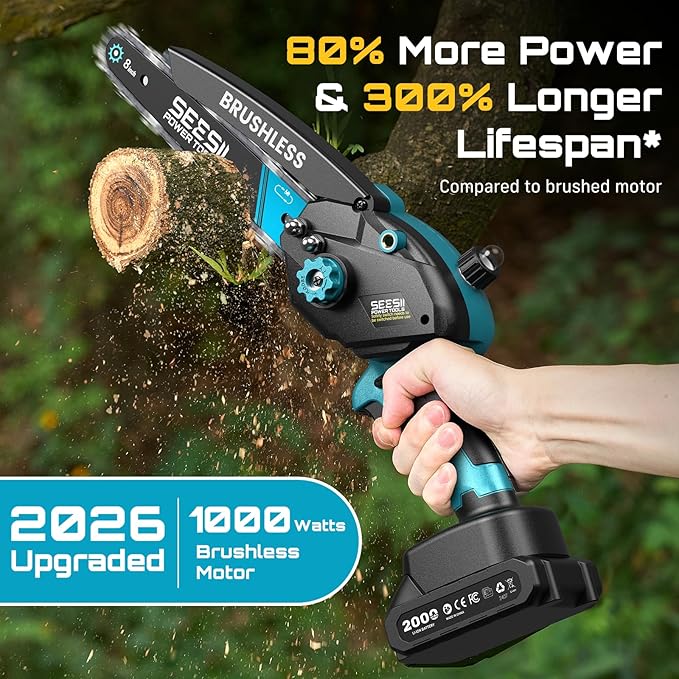 Seesii Mini Chainsaw Cordless, 8 Inch & 6 Inch Electric Chainsaw with 2 Batteries & Auto Oiler, 1000W Brushless Handheld Chain Saw for Tree Branch Wood Cutting, Garden Tools Gift for Men Dad Husband