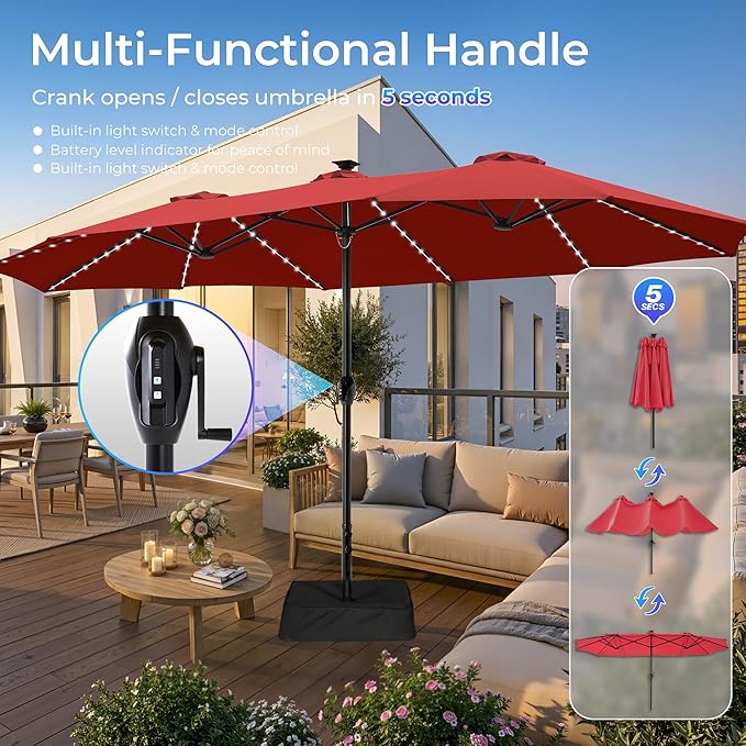 SUPERJARE 15ft Large Patio Umbrella with Base included, Double Sided Outdoor Umbrella with Solar Lights, Pool Umbrella with Fade Resistant Canopy for Deck, Porch, Yard, Balcony, Burgundy