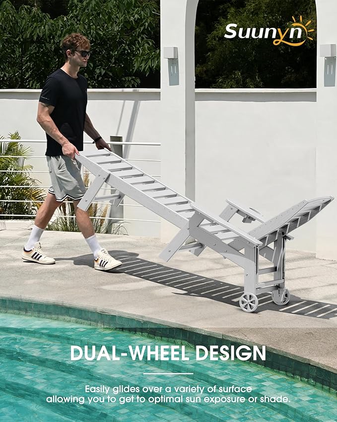 Chaise Lounge Outdoor, Lounge Chair Outdoor with Wood Texture, Adjustable 5-Position Backrest, HDPE Lounge Chair with Wheels & Cup Holder for Pool Deck Backyard, White