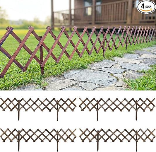 ShopLaLa Garden Fence (4 Pack, Total 24ft) Decorative Wooden Lattice Panels for Outdoor, Expandable Plant Support Trellis Flower Bed Edging Yard Lawn Landscape Border Decor Animal Barrier Wood Fencing