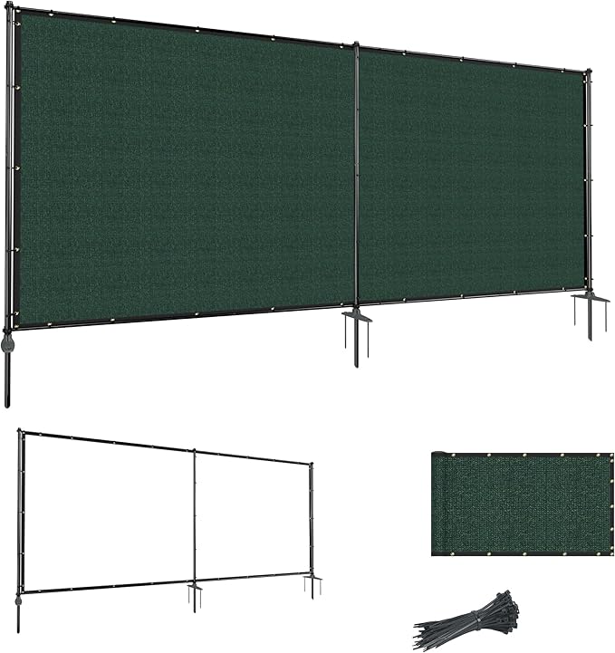 6'Hx10'W Outdoor Freestanding Privacy Screen Fence Panels with Iron Poles, Mesh Shade Net Cover Temporary Fencing for Patio Backyard Garden Deck, Green