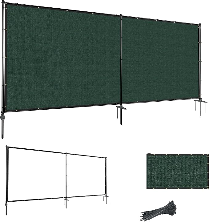 6'Hx8'W Outdoor Freestanding Privacy Screen Fence Panels with Iron Poles, Mesh Shade Net Cover Temporary Fencing for Patio Backyard Garden Deck, Green