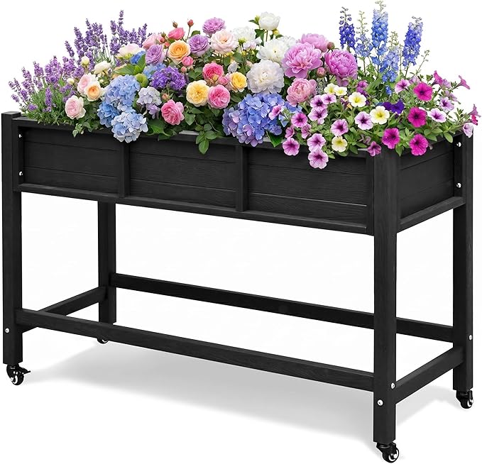 DWVO 47x18x31in Raised Garden Bed HDPE, Weather-Resistant Poly Wood Planter Box Stand, Planter Box with Legs & Lockable Wheels, Elevated Garden Bed for Backyard Patio Balcony - Black