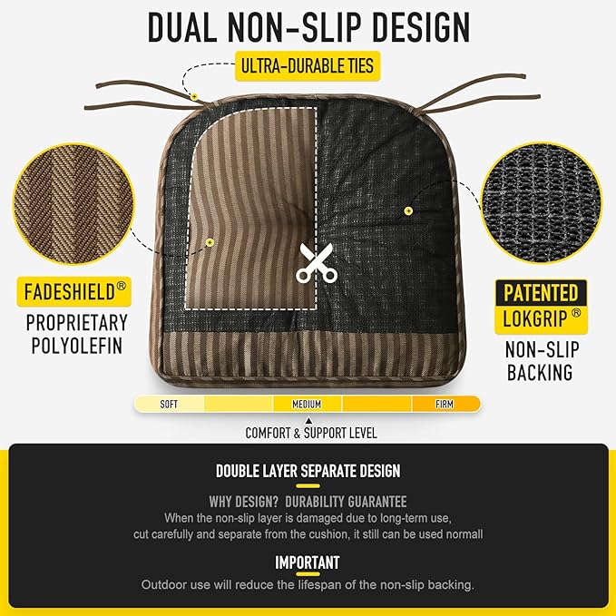 SUNROX Memory Foam Non Slip Rocking Chair Cushion, FadeShield Water Resistant Thicken Durable Tufted Pads, Set of Seat & Back Cushion with Ties for Indoor/Outdoor Rocker, 2 Piece, Cocoa Stripe