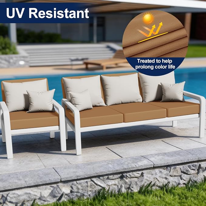 Smiry Waterproof Patio Cushion Covers, Stretch Outdoor Couch Slipcovers Replacement Washable Furniture Protector Sofa Chair Seat Cover for Dogs and Pets (12 Pcs, Camel)