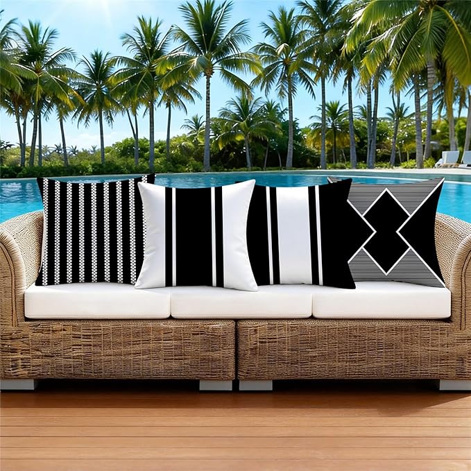 Outdoor Waterproof Throw Pillow Covers 18x18 Set of 4 Black Modern Geometry Decorative Cushion Cases for Patio Furniture Garden Porch Bench Couch Sunbrella
