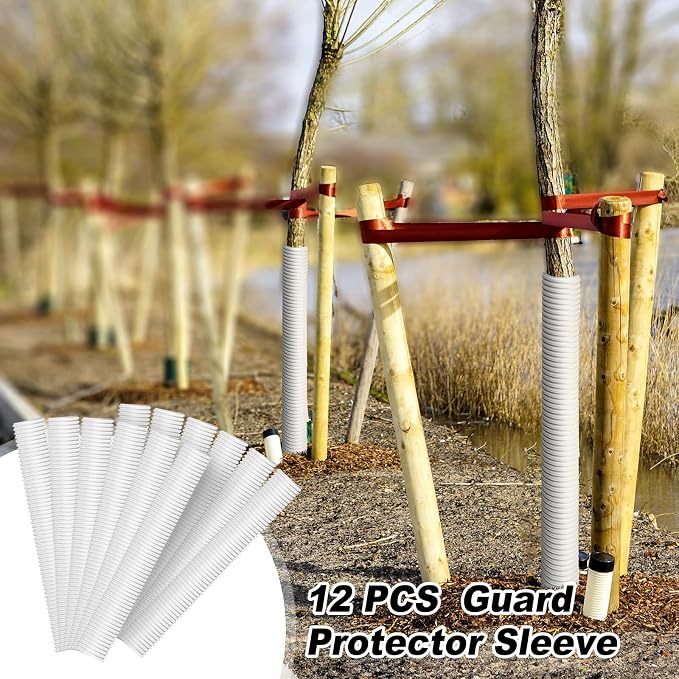 Nuenen 12 Pcs Corrugated Tree Guards, Long 15.75 Inch Diameter 1.96 Inch Pp Tree Trunk Protectors, Tree Bark Protector Tube Wraps for Saplings Plants Seedlings Deer Rabbit Cats Rodents Mowers (White)