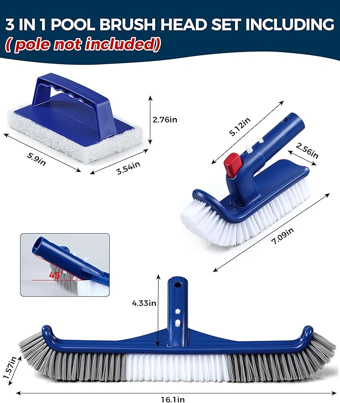 3-in-1 Full-Coverage Pool Brush Head Set - Includes 17.5" Long Brush, Rotatable Handheld/Extension Pole Brush, Sponge Brush, Durable Scrubber Brush Set for Pool Floors/Corners/Steps