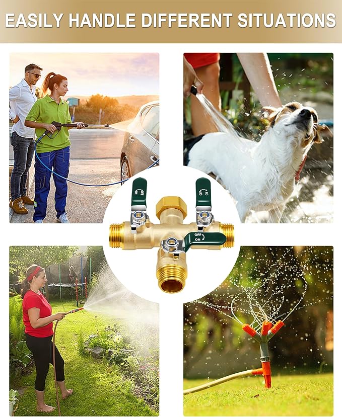 EBH Garden Hose Splitter 3 Way, Heavy Duty Solid Brass Hose Splitter with Shutoff Valves, Water Spigot Splitter With 304 Stainless Steel Handle, Full Flow Outdoor Faucet Splitter, 3/4" GHT Thread