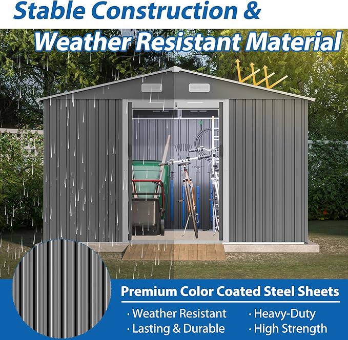 KEIKI Storage Shed 10x8 FT, Large Metal Tool Shed for Outdoor Storage, Galvanized Steel Garden Shed with Lockable Sliding Doors for Patio, Backyard, Lawn, Grey