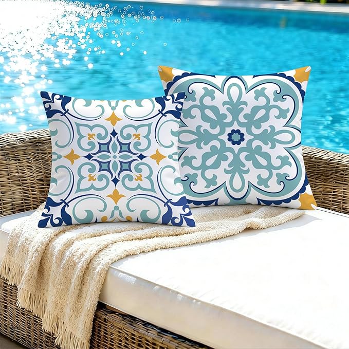 NIGHTWISH Outdoor Waterproof Pillow Covers 20x20 Set of 4 Teal Boho Decorative Outdoor Throw Pillows Floral Cushion Cases for Patio Furniture Bench Couch Sunbrella