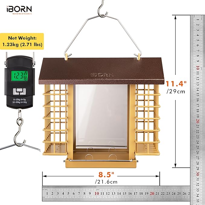 iBorn Bird Feeders for Outdoors,Bird Feeder with Double Suet Holders,Suet Feeder for Outside,Weatherproof Metal Roof,Easy to Refill&Clean,3.2 LBs Seed Capacity+2X Cake,1 Pack,Coffee Roof & Yellow Grid