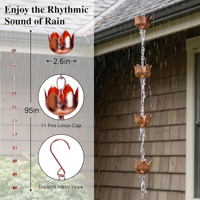 Topadorn Copper Rain Chain for Gutters, 8.5 FT Solid Copper Lotus Rain Chain, Decorative Downspout Alternative with 11 Cups for Garden, Patio & Outdoor Decor