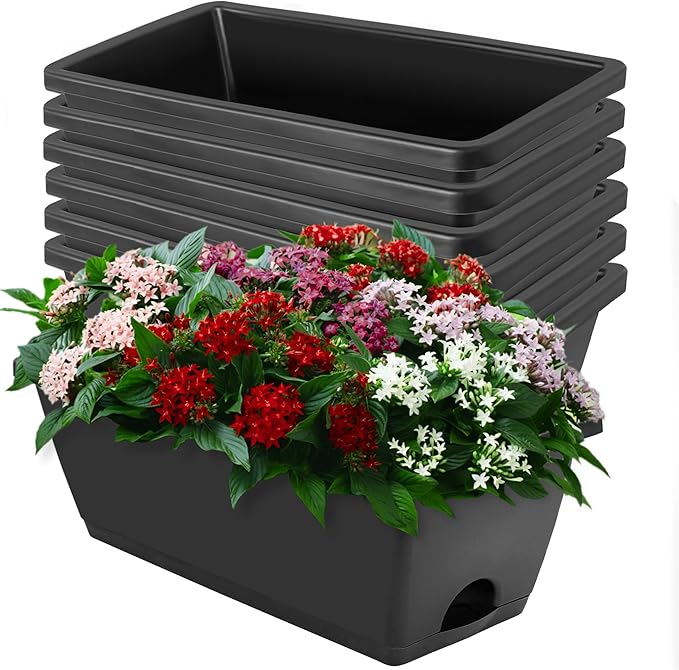 LOCONHA Window Box Planter, 7 Pack Plastic Vegetable Flower Planters Boxes 17 Inches Rectangular Flower Pots with Saucers for Indoor Outdoor Garden, Patio, Home Decor