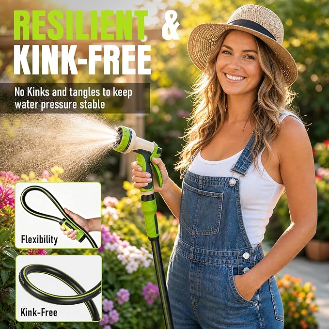 Garden Hose 50ft x 5/8", Heavy Duty Water Hose, Flexible and Durable, Kink Resistant Lightweight Hybrid Hose, Leakproof Yard Hose with Male to Female Fittings