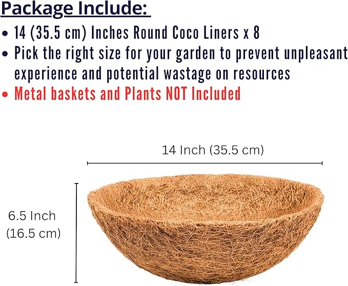 LaLaGreen 14" (8 Pack, Round) Coco Liners for Hanging Basket – Medium Coconut Coir Replacement for Garden Flower Pot, Outside Planter Holder, Farmhouse– Multi Sizes 8/10/12/16/18/20 Inch & Shapes