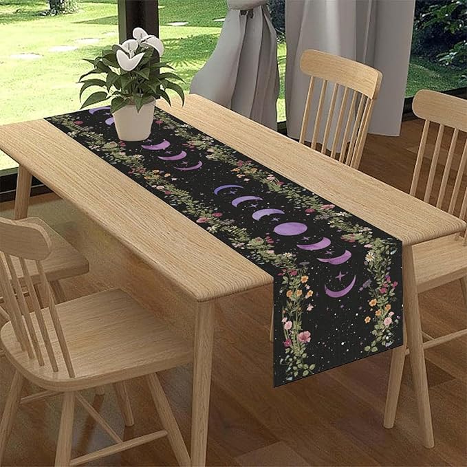 Boho Floral Table Runner, Spring Gothic Wild Flower Purple Moon Phase Star Seasonal Mystical Coffee Table Center Decor for Family Holiday Party Kitchen Outdoor Farmhouse Table Decorations, 13"x90"