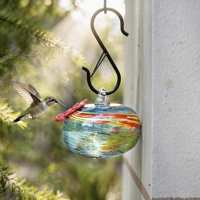QFkris Blown Glass Hummingbird Feeder for Outdoors Hanging, Small Hummingbird Feeder with Flower Feeding Ports for Outside Garden Backyard Decor, Gifts for Women Mom(Blue)