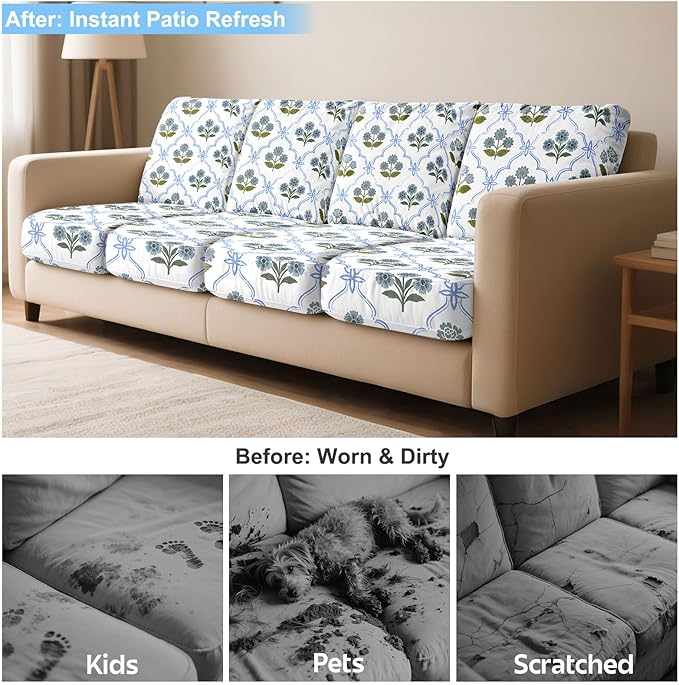 pickyNproud 8Pcs Patio Cushion Covers Stretch Outdoor Couch Cushions Slipcovers Replacement Washable Furniture Protector with Elastic Bottom Sofa Chair Seat Cover, Blue Floral