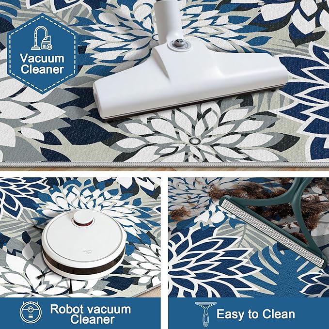 Arenarug 2x3 Washable Small Rug Tropical Botanical Modern Floral Indoor Chenille Door Mat Carpet Non Slip for Patio, Entry Way, Entrance, Porch, Blue
