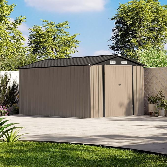 Patiowell 12 x 8 FT Outdoor Storage Shed, Large Metal Shed Storage with Lockable Doors and Steel Frame, Utility Tool Outside Storage Shed for Garden, Patio, Backyard, Brown