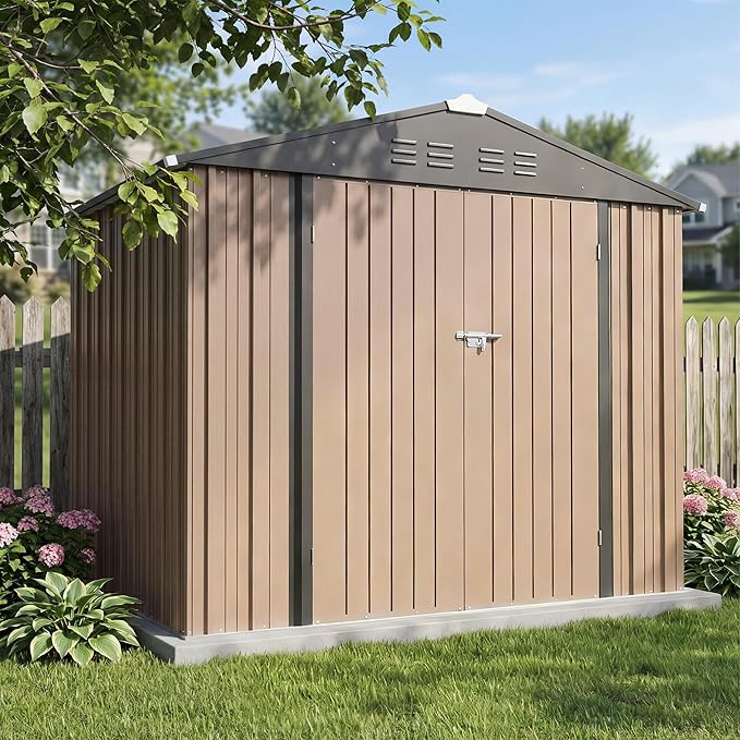 Greesum 8x6FT Outdoor Storage Shed with Base, Utility Tool Shed with Sloping Roof, Metal Storaged Garden Shed with Door & Lock for Patio Storage, Brown