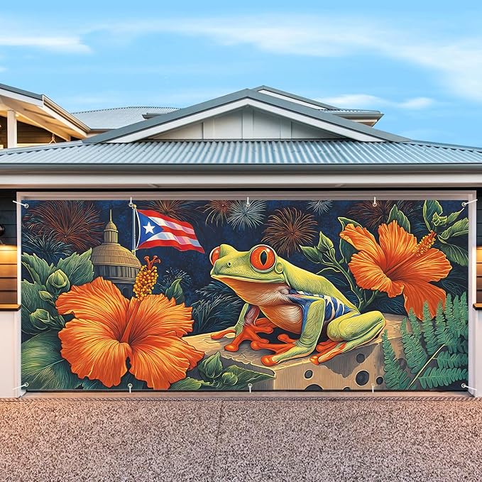 7 * 16FT Summer Puerto Rico Garage Door Cover Decorations Sunset Palm Trees Garage Door Banner for Outdoor Indoor Summer Party Photography Backdrop