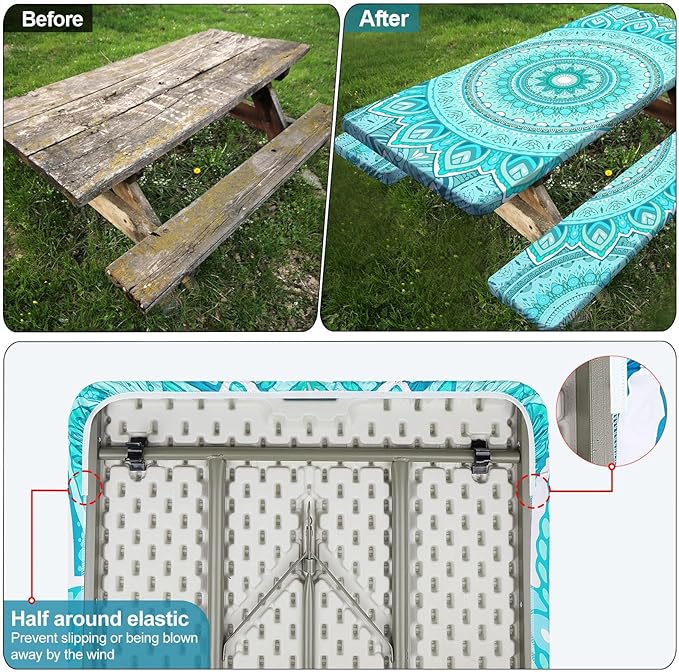 Play Tailor Picnic Table Cover with Bench Covers Camping Essentials Waterproof Windproof Camping Tablecloth with Drawstring Bag, Fitted Rectangle Tables and Seats, 72in, Ice Blue