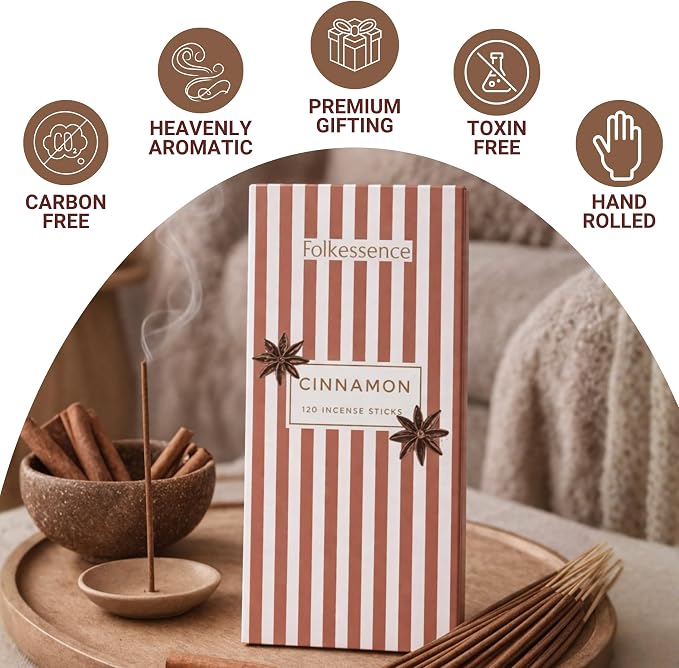 Folkulture Cinnamon Incense Sticks (120 Sticks) | Warm & Spicy Aroma Incense for Relaxation, Home Fragrance, Meditation & Yoga | Long Burning 45 Mins, Non Toxic, Charcoal Free Incense Sticks