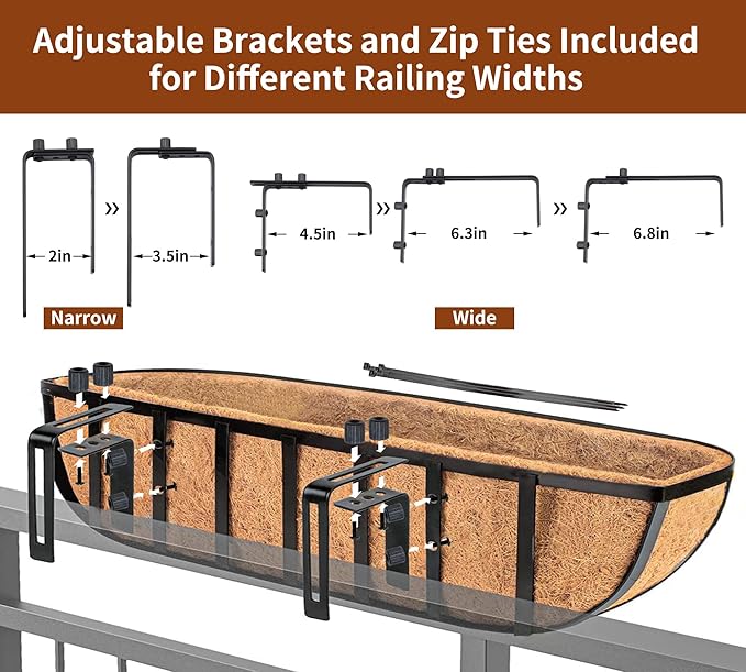 30 Inch 4 PCS Window Box Deck Railing Planter with Coco Liners, Hanging Flower Planters Black Metal Baskets for Indoor Outdoor, Balcony, Porch, Fence, Lawn and Patio