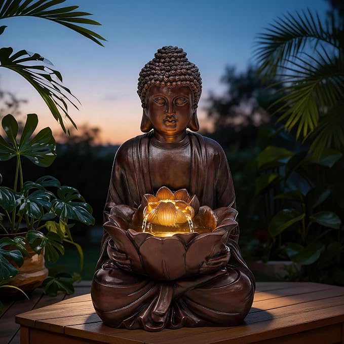 AUTODAYA 18.9" H Buddha Outdoor Water Fountain, Zen Style Garden Fountain with LED Lights and Pump, Relaxing Waterfall for Patio, Porch, or Yard Decor, Faux Bronze