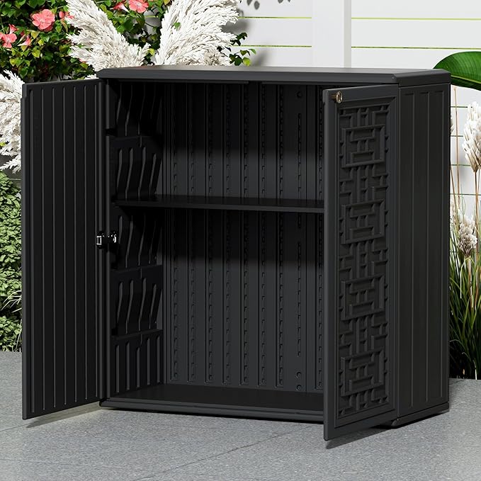 Mrosaa Outdoor Storage Cabinet Waterproof with Shelf,Resin Storage Sheds Outdoor Cabinets for tub Towels/Chemicals/Grill Items/Patio/Garden/Backyard, Size 34.3''L*15''W*36.2''H（Black）