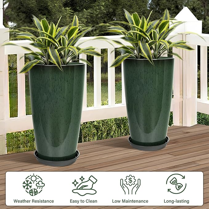 Neoaider Set of 2 Lightweight Ceramic-Look Tall Planter, 21 inch Large Plastic Planter with Drain Hole & Saucers, Large Outdoor Planters for Porch, Garden, Patio, Balcony(Dark Green)