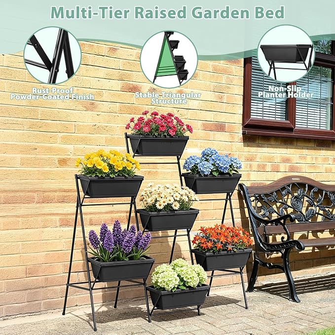 Sunexinlo 5-Tier Vertical Garden Planter with 7 Plant Boxes & Drainage Trays, Metal Freestanding Raised Bed for Herbs Flowers Vegetables, Indoor Outdoor for Patio Balcony Deck, Black