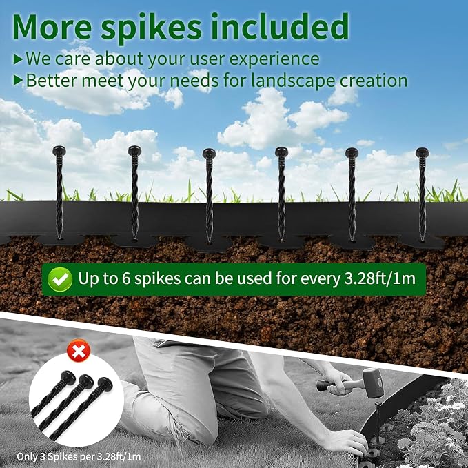 Landscape Edging 2 in x 33 Ft, No Dig Garden Edging Border Kit with 61 Pcs Spikes for Garden Flower Bed Lawn Yard Grass Pathway, Black Flexible PE Material