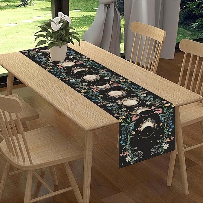 Boho Floral Table Runner, Spring Gothic Wild Flower Moon Phase Seasonal Bohemian Black Rustic Coffee Table Center Decor for Family Holiday Party Kitchen Outdoor Farmhouse Table Decorations, 13"x36"
