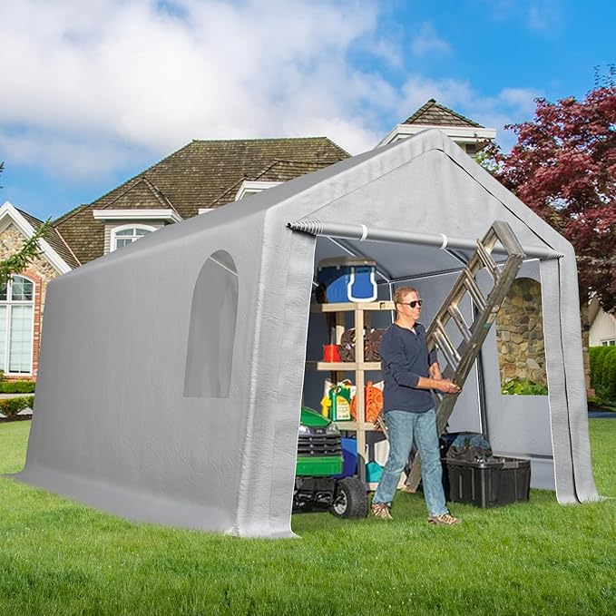 6'x8' Heavy Duty Grey PE+Steel Carport, Waterproof Windproof Storage Tent with Roll Up Zipper Door