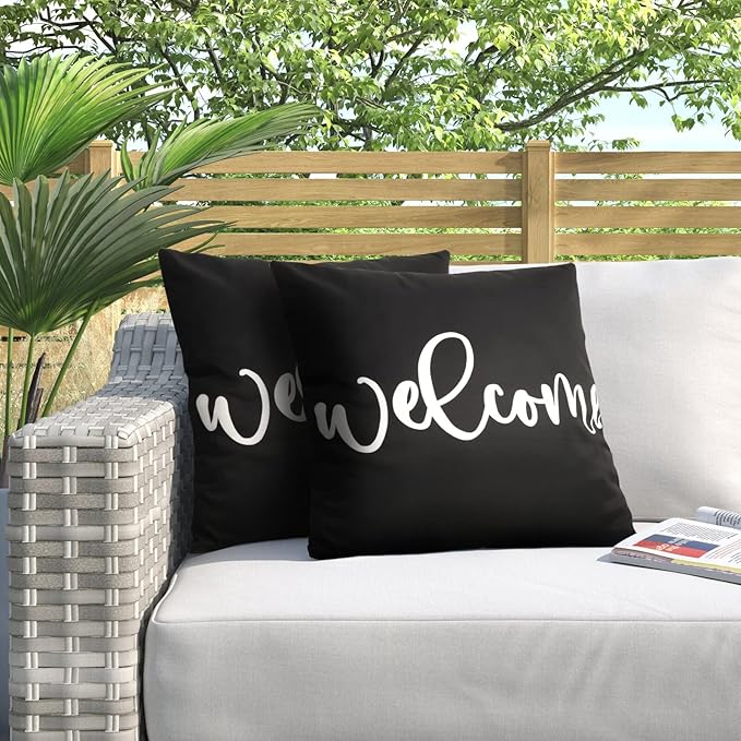 Merrycolor Pack of 2 Black and White Outdoor Waterproof Pillow Covers Welcome Outdoor Throw Pillow Covers Outdoor Pillows Covers for Patio Furniture Tent Balcony Couch Sofa （Welcome 20x20 Inch